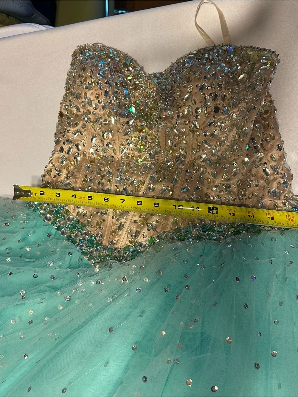 Mori Lee turquoise  Champagne Beaded corset Cinderella Tulle Ball Gown size 18